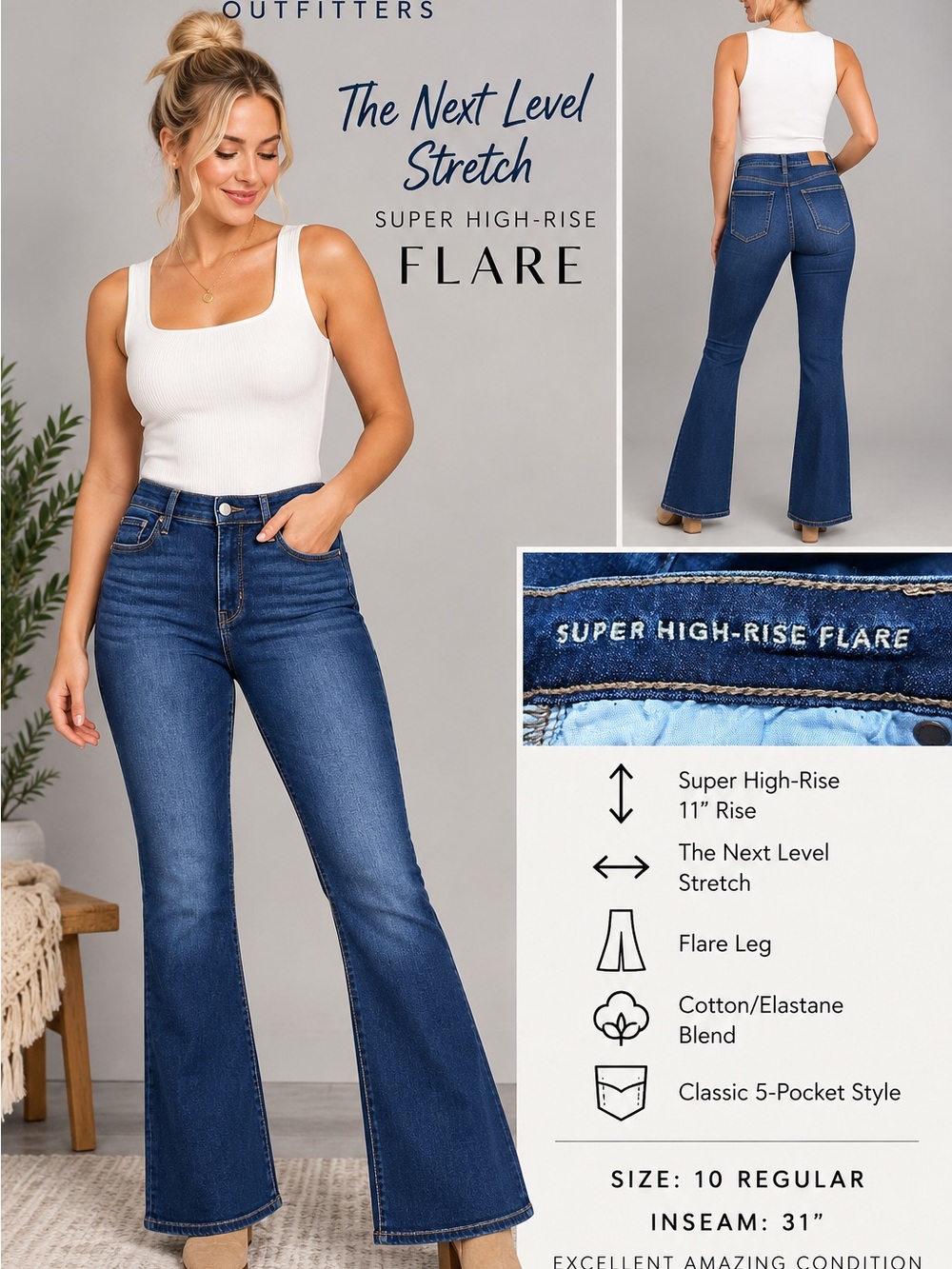 American Eagle Super High-Rise Flare Jeans Dark Wash Stretch Size 10 Regular